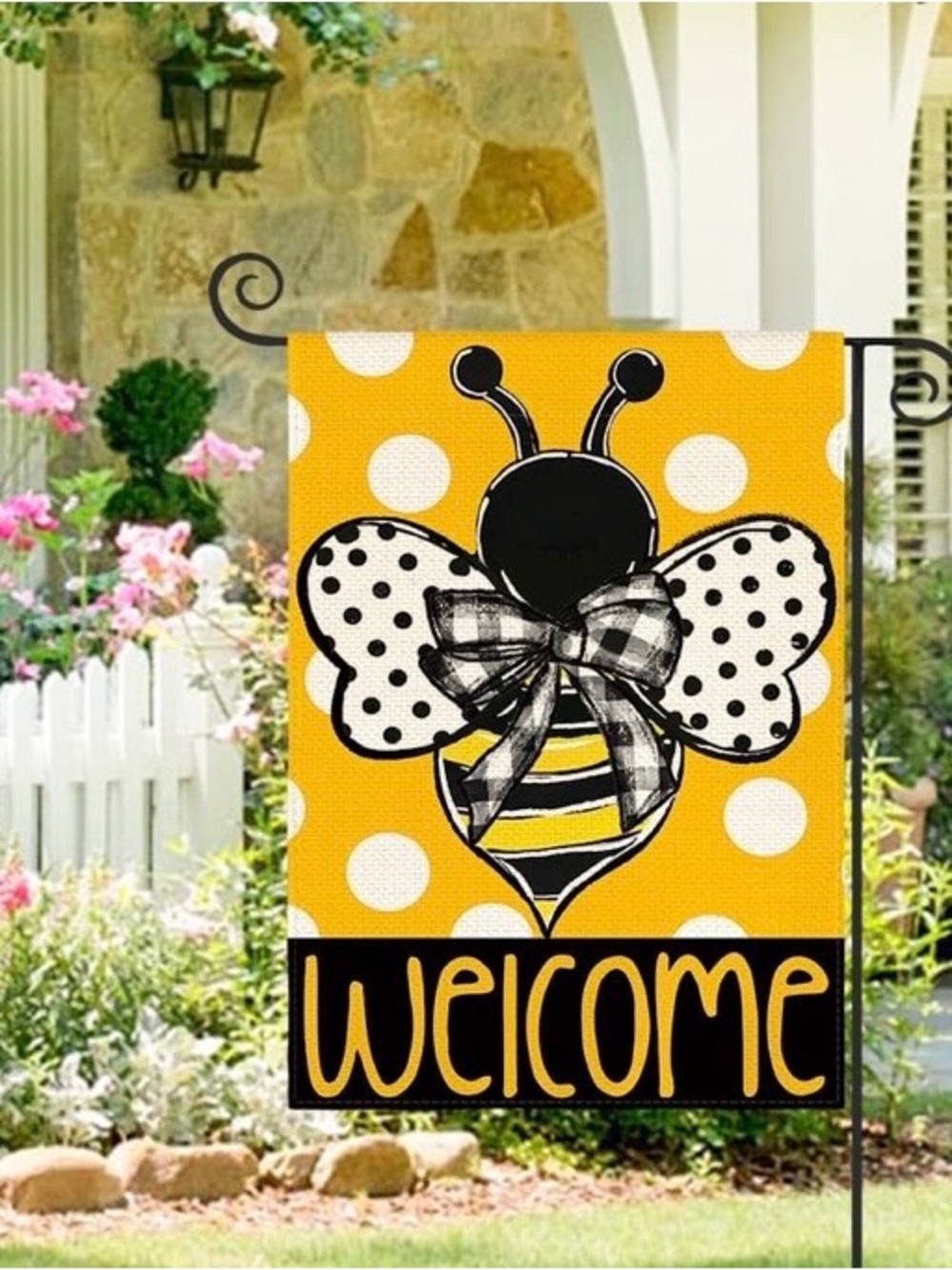 NWT Yellow Double Sided “Welcome” Polka Dot Bumblebee 12” X 18” Garden Flag